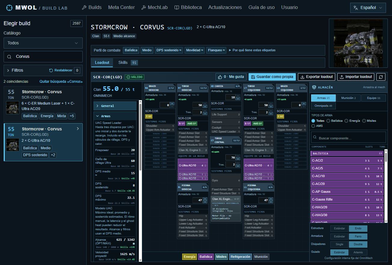 Corvus: descarga nominal, ráfaga Ultra y DPS medio y máximo separados.