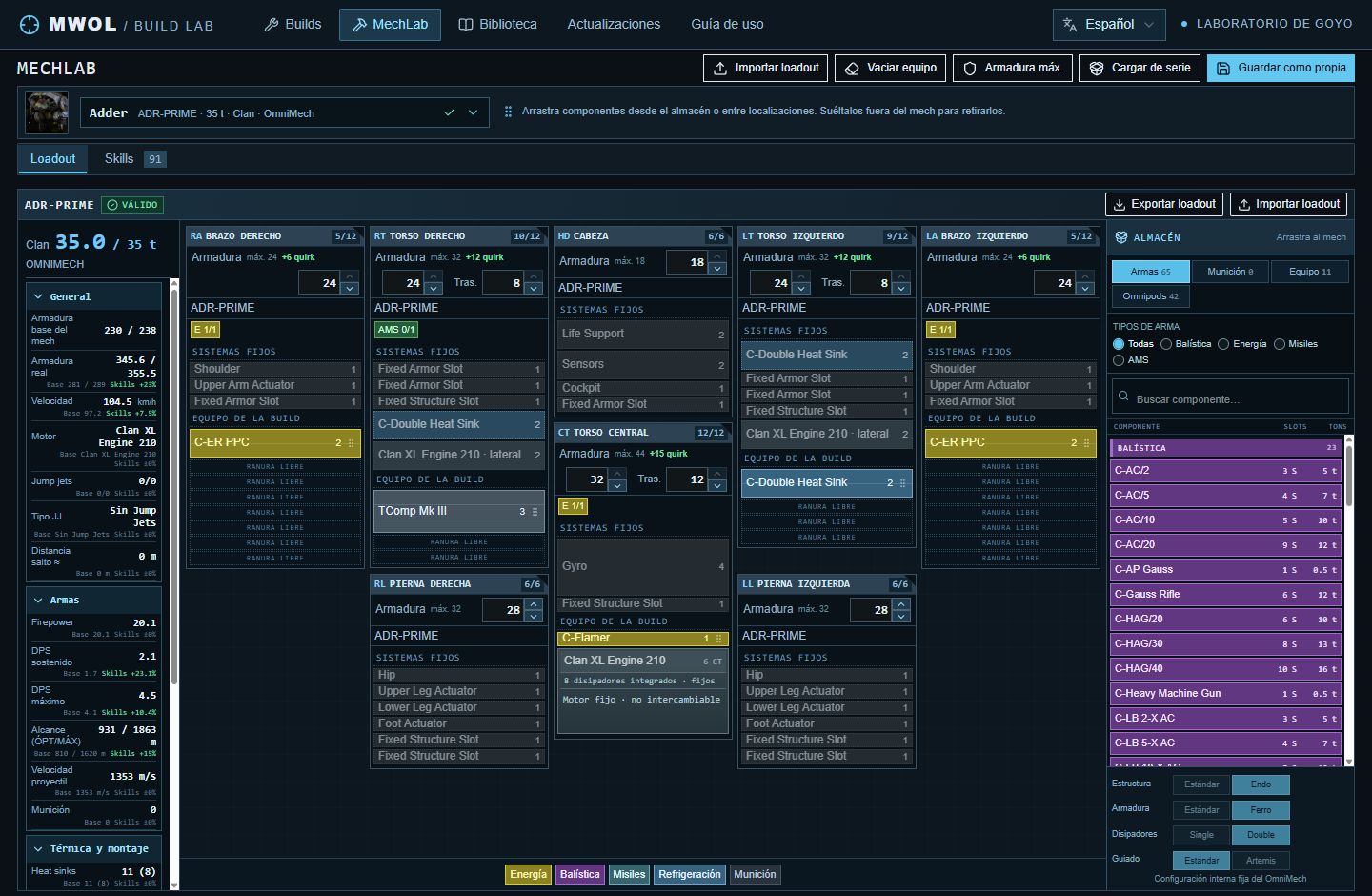 MechLab del Adder: selector, localizaciones, almacén y estadísticas.