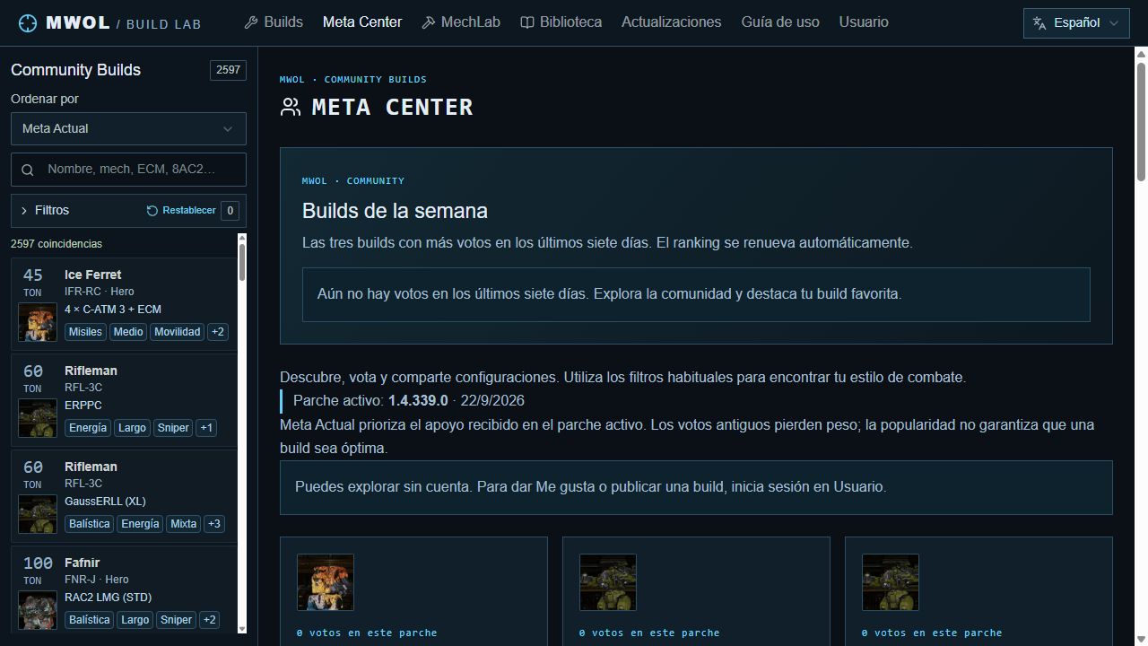 Meta Center: builds de la semana, ordenación y filtros compartidos.