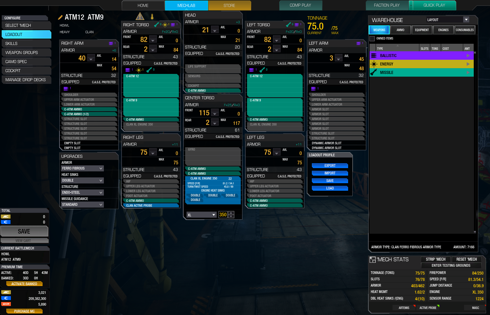 MechLab de MWO: LOADOUT, IMPORT en LOADOUT PROFILE y SAVE del mech.