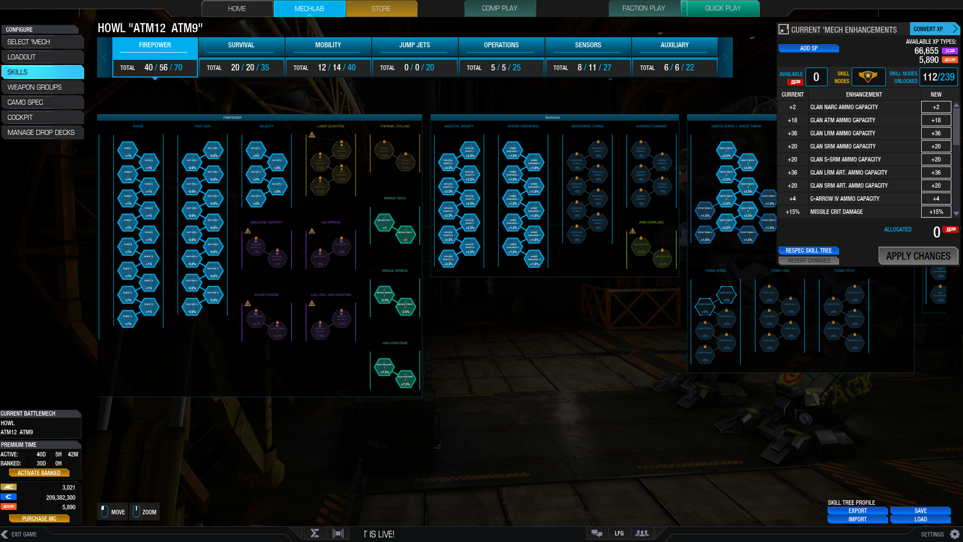 Árbol actual de skills de MWO: SKILLS, IMPORT en SKILL TREE PROFILE y APPLY CHANGES.